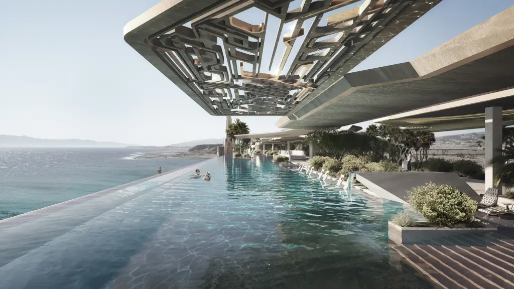 #SaudiMag: Unter dem Namen Treyam ist Ende März 2024 ein Lagunen-Resort hinzugekommen, das nun in Sichtweite der geplanten Mega-Stadt "The Line" in einer Bucht am Golf von Aqaba entstehen wird.